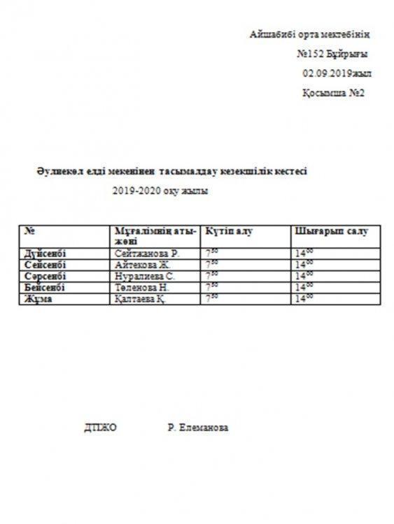 Әулиекөл елді мекенінен тасымалдау кезекшілік кестесі
