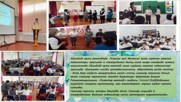 Айшабибі орта мектебі және серіктес мектеп педагогтері арасында «Руханият» кәсіби қоғамдастығының «Мұғалімнің кәсіби жетілуі - білім беру жүйесін жаңартудың негізі» атты семинар-тренингі