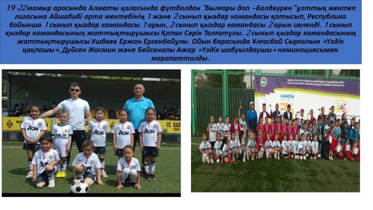 19-22 мамыр арасында Алматы қаласында  футболдан “Былғары доп –Балдәурен” ұлттық мектеп лигасына Айшабибі орта мектебінің 1 және 2 сынып қыздар командасы