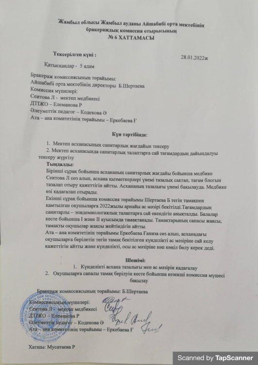Бракераждық комиссия отырысының №6 Хаттамасы
