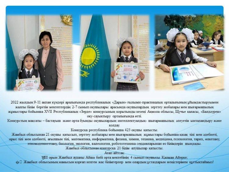«Дарын» ғылыми-практикалық орталығының ұйымдастыруымен жалпы білім беретін мектептердің 2-7 сынып оқушылары арасында оқушылардың зерттеу жобалары мен шығармашылық жұмыстары бойынша XVII Республикалық «Зерде» конкурсының қорытынды кезеңі